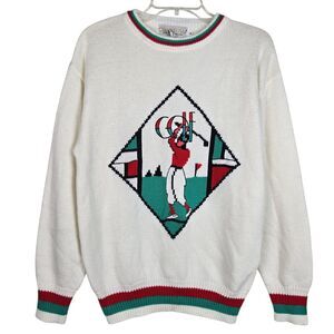 Vtg Quantum Sportswear Golf Sweater Unisex Sz M Acrylic White Crew Neck Preppy